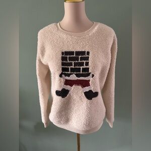 Festive Cream and Black Crew Neck Sweater with Santa Design, Medium